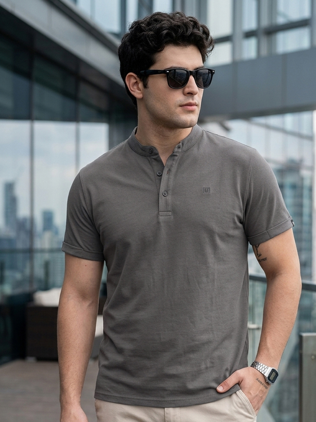 Urbano Fashion Men's Dark Grey Solid Mandarin Collar Slim Fit Half Sleeve Cotton T-shirt