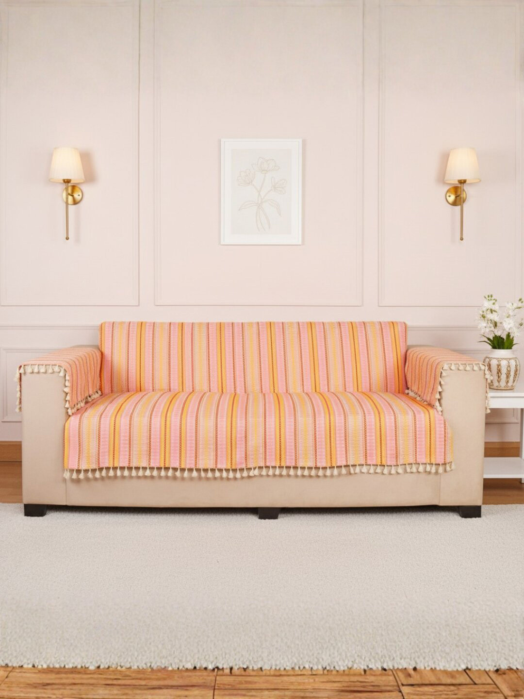 STITCHNEST 3 Seater Pink & White Woven Seat Cover
