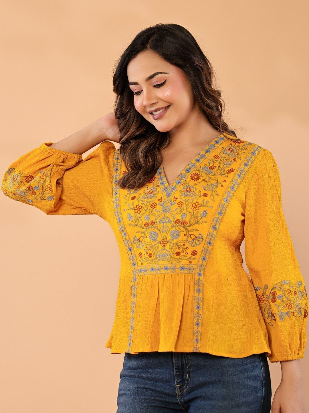 BANDIA Floral Embroidered Ethnic Crepe Top