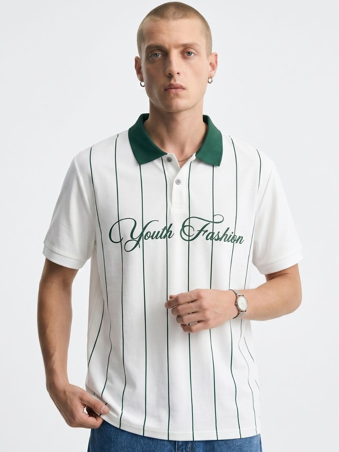 CLUB 44 Men Typography Striped Polo Collar T-shirt