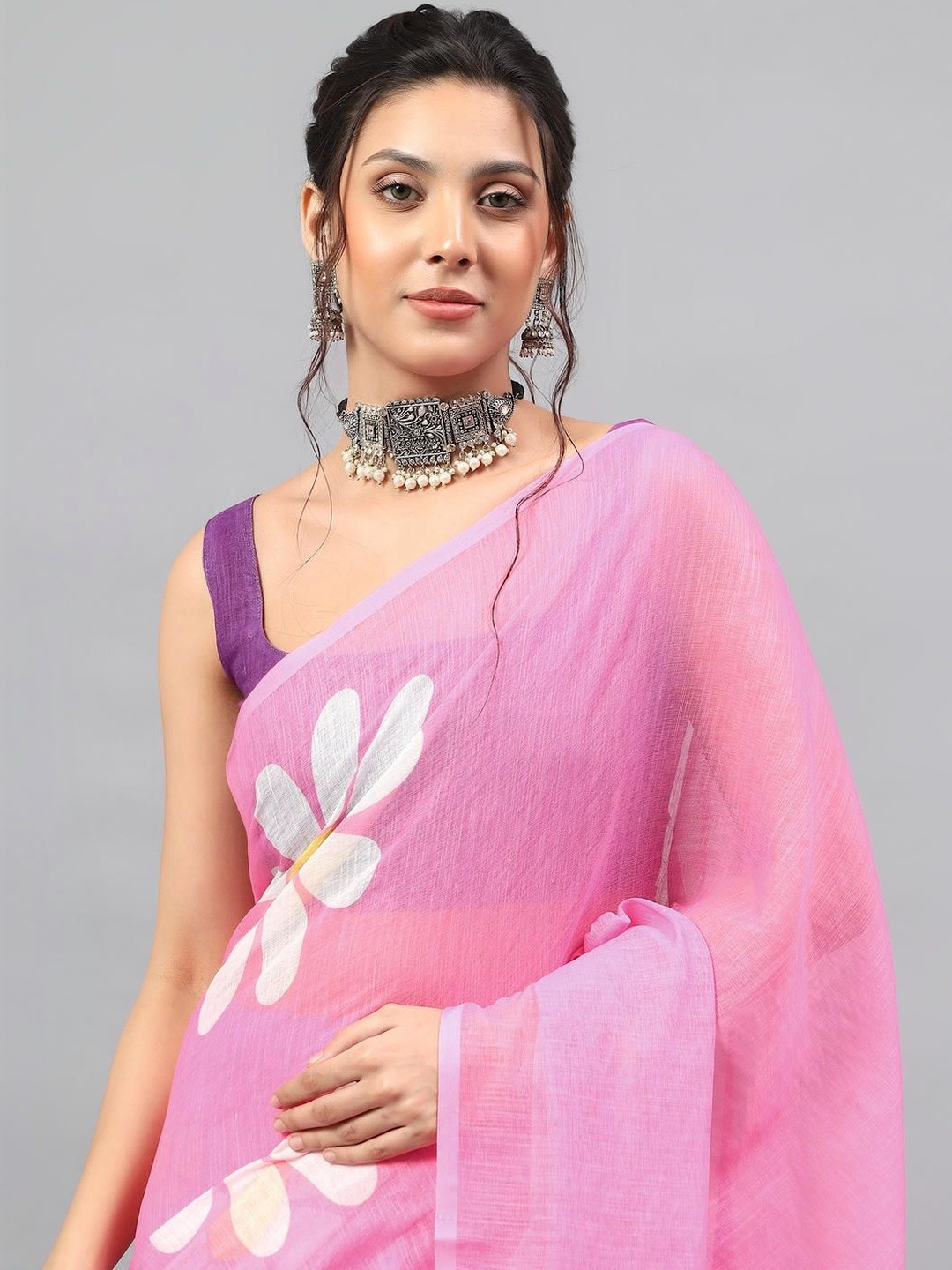SAMANTHA Floral Printed Zari Linen Blend Saree