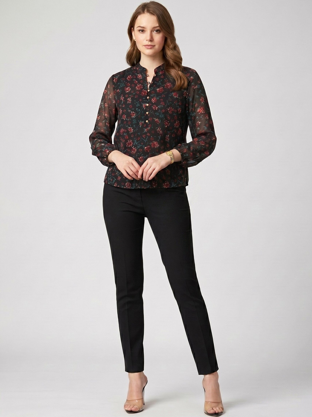 YURAA THE LABEL Floral Print Mandarin Collar Georgette Top