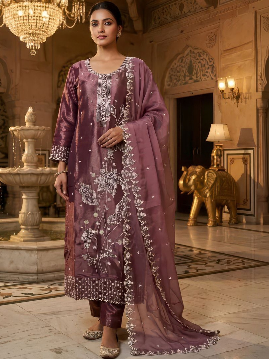 Anushansa Women Ethnic Motifs Embroidered Empire Thread Work Kurta with Trousers & With Dupatta