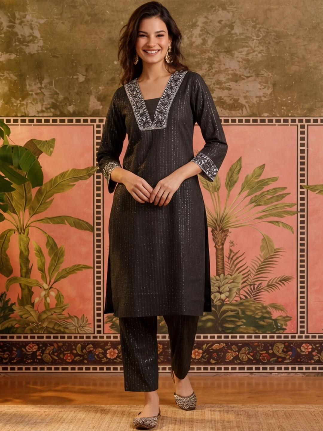 Sangria Embroidered Pure Cotton V-Neck Kurta & Trousers