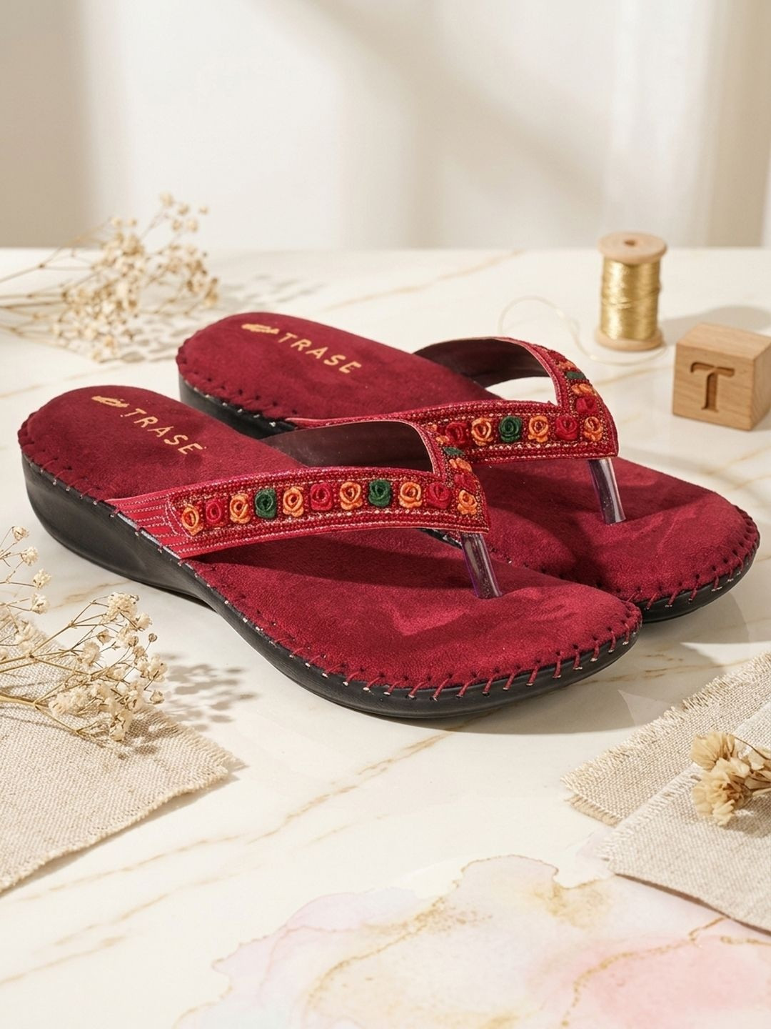TRASE Women Embellished Ethnic Open Toe Flats with Embroidered