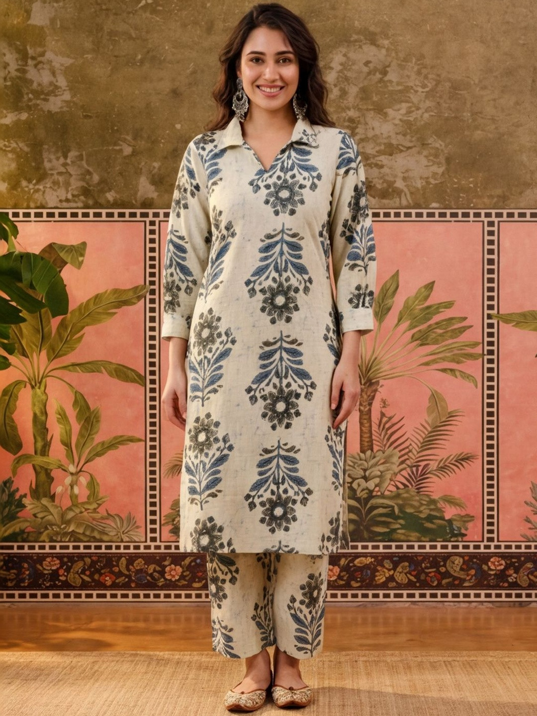 Sangria Floral Printed Shirt Collar Pure Cotton Straight Kurta & Trousers
