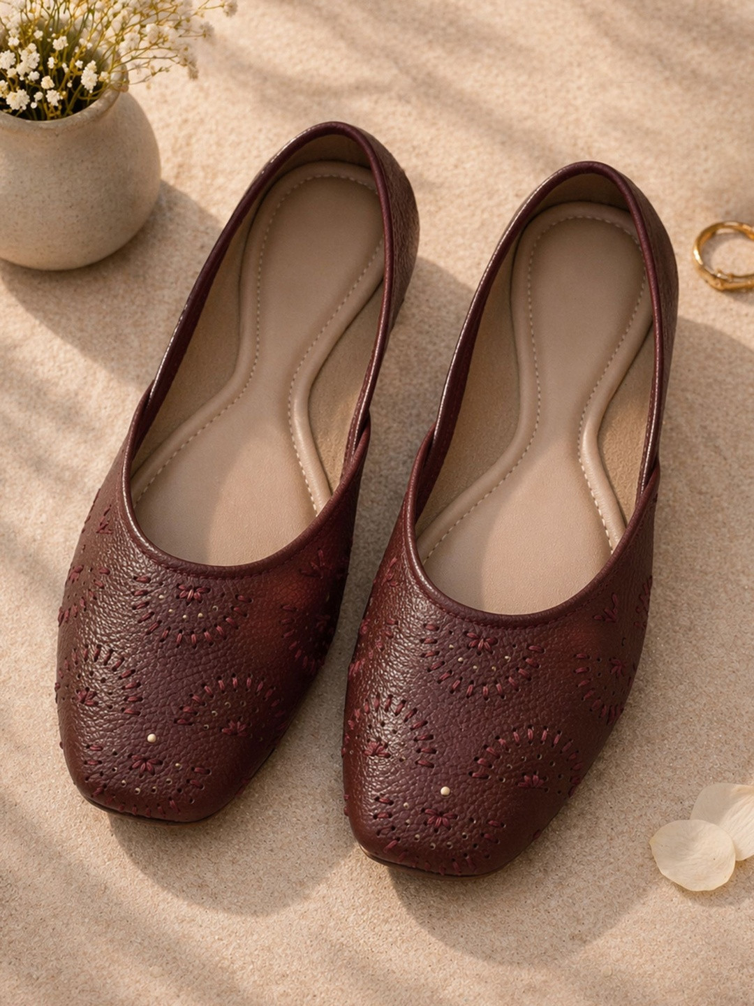RAHEGAS Textured Ethnic Mojaris with Laser Cuts Flats | mojari for women/jutti