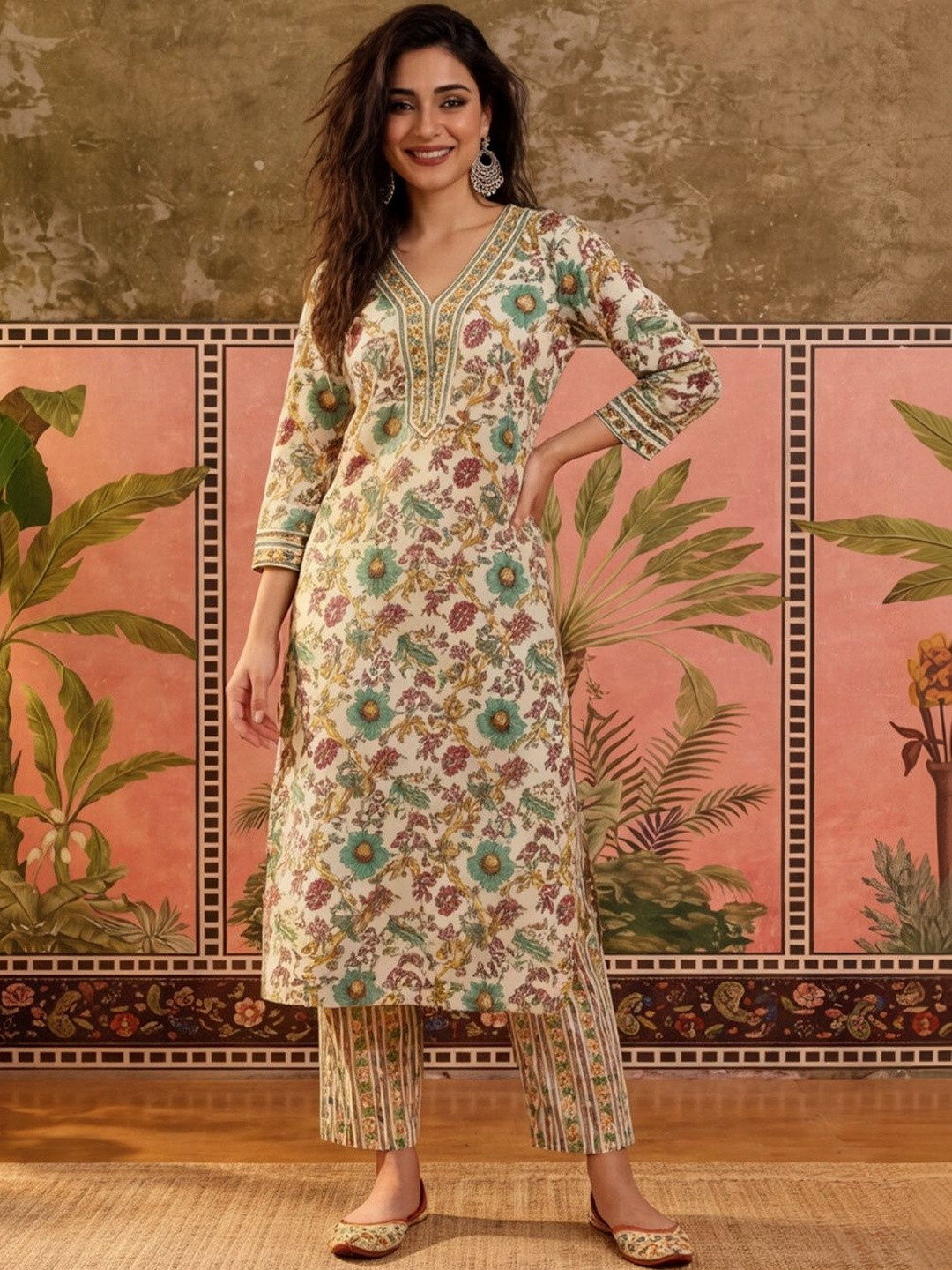 Sangria Printed Pure Cotton V-Neck Kurta & Trousers