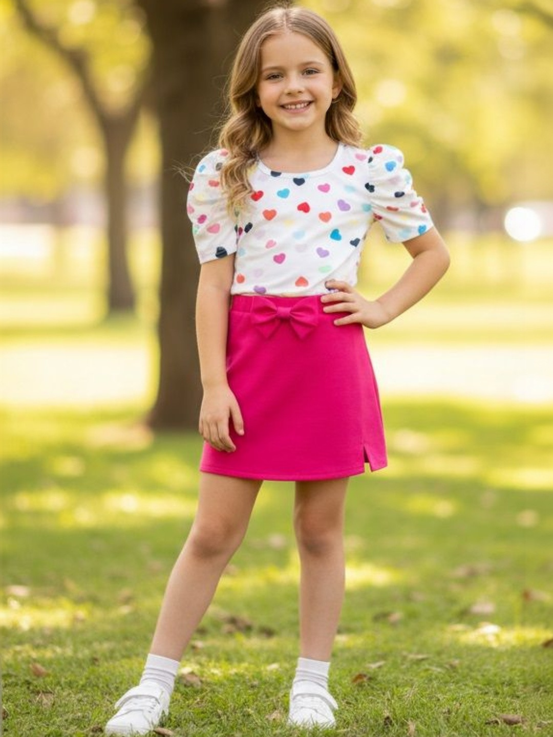 PATTZALA Girls Heart Print Puff Sleeve Top with Pink Bow Skirt