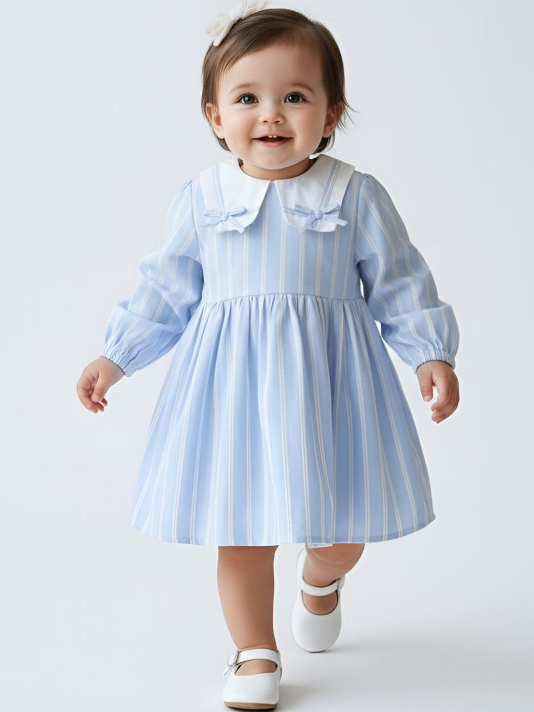 Sangria Girls Striped Cotton Peter Pan Collar Fit and Flare Knee Length Dresses