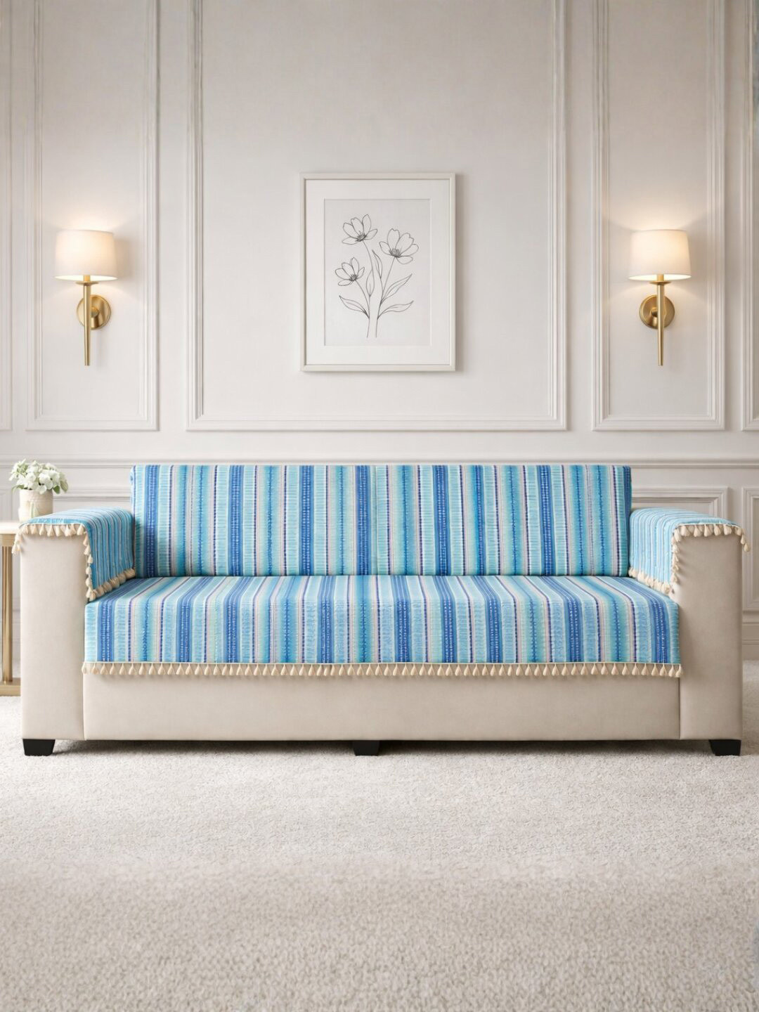 STITCHNEST 1 Seater Blue & White Woven Seat Cover