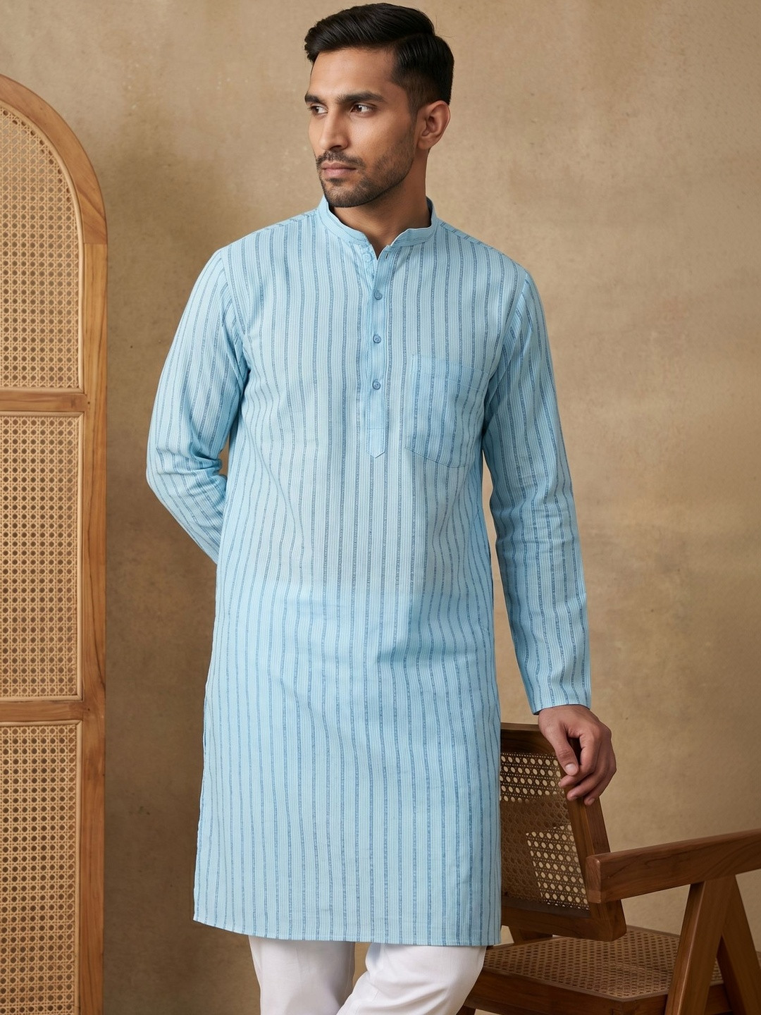 House of Pataudi Striped Mandarin Collar Knee Length Straight Kurta