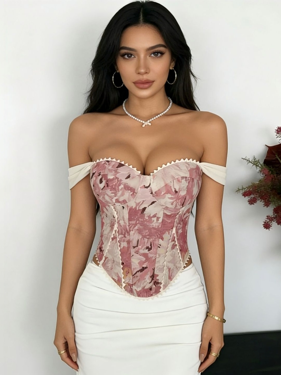 JC Mode Floral Printed Sweetheart Neck Ruffles Crop Top