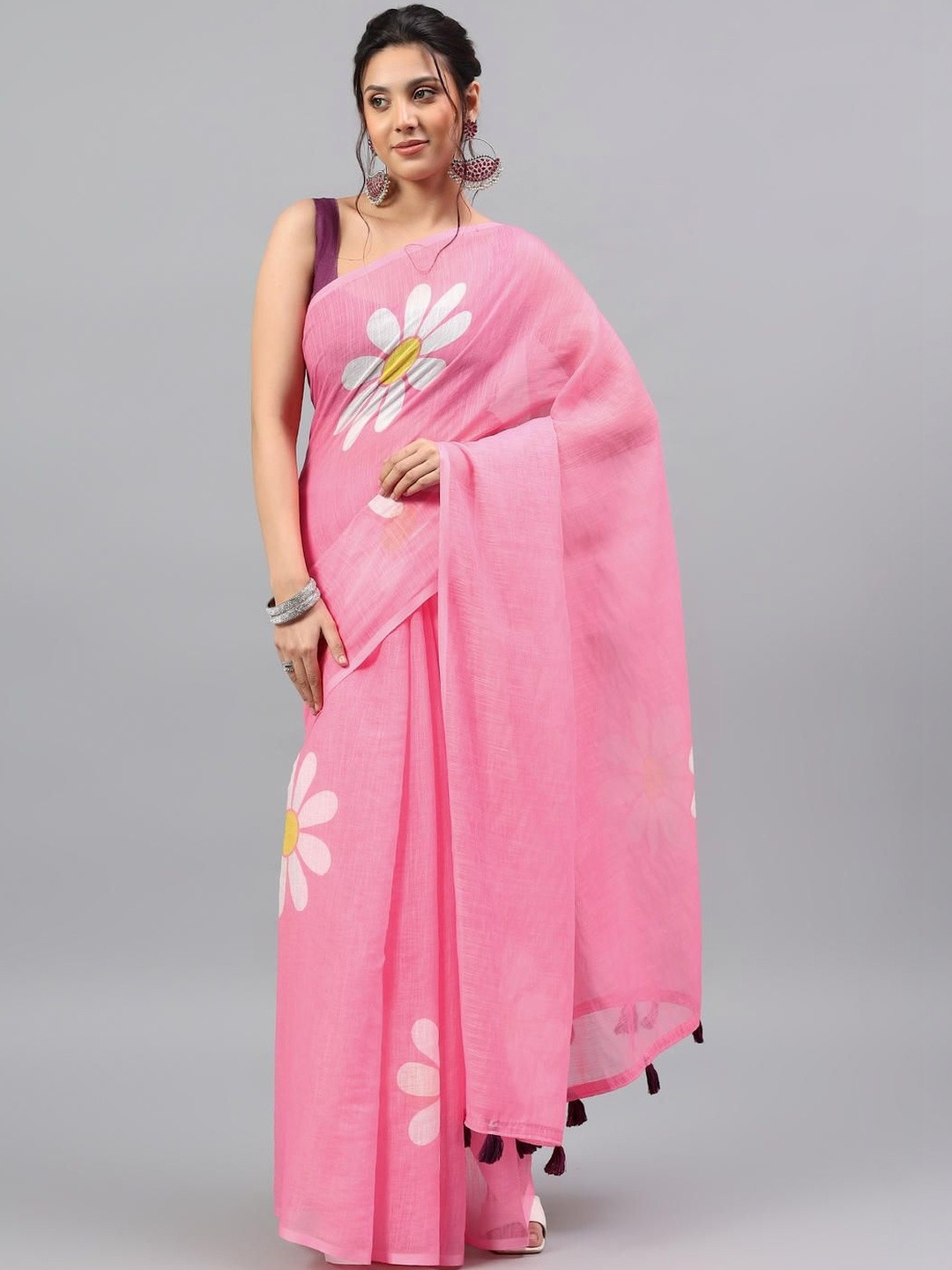 SAMANTHA Floral Printed Zari Linen Blend Saree