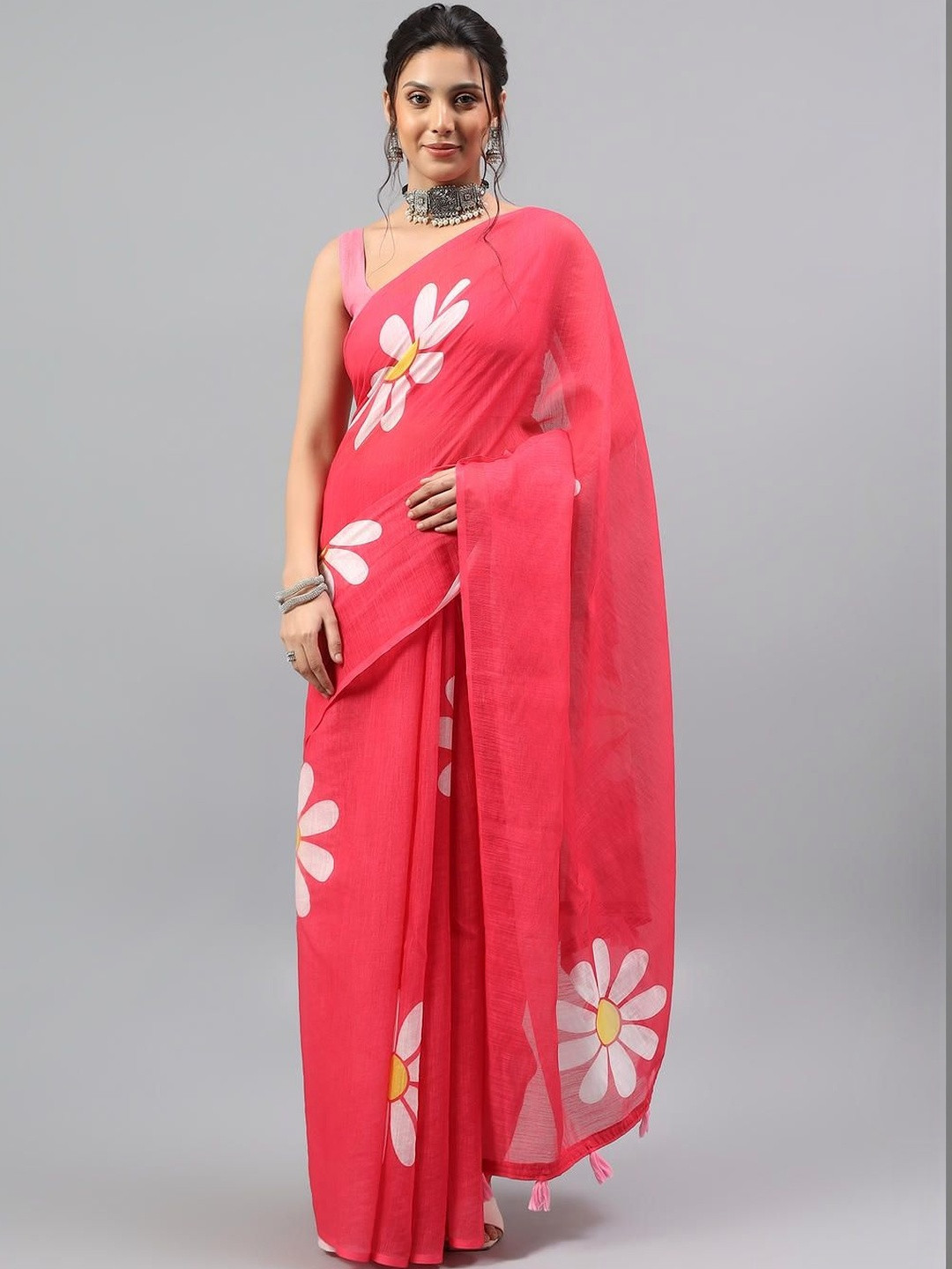 SAMANTHA Floral Printed Zari Linen Blend Saree