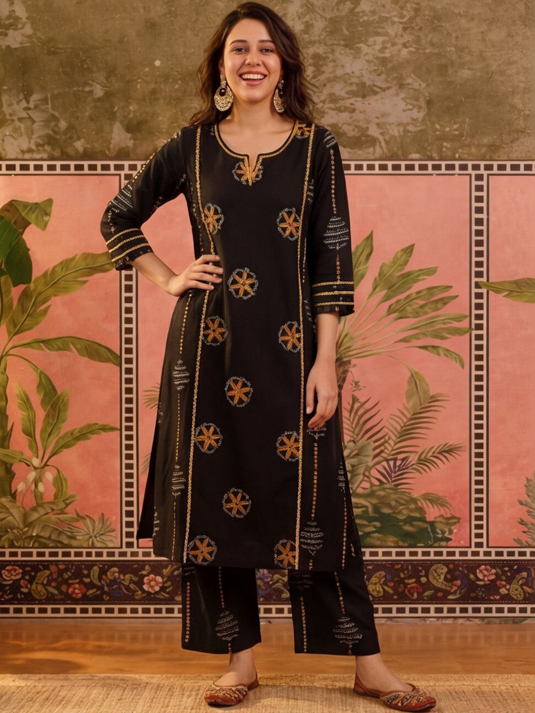 Sangria Embroidered Pure Cotton Round Neck Kurta & Trousers