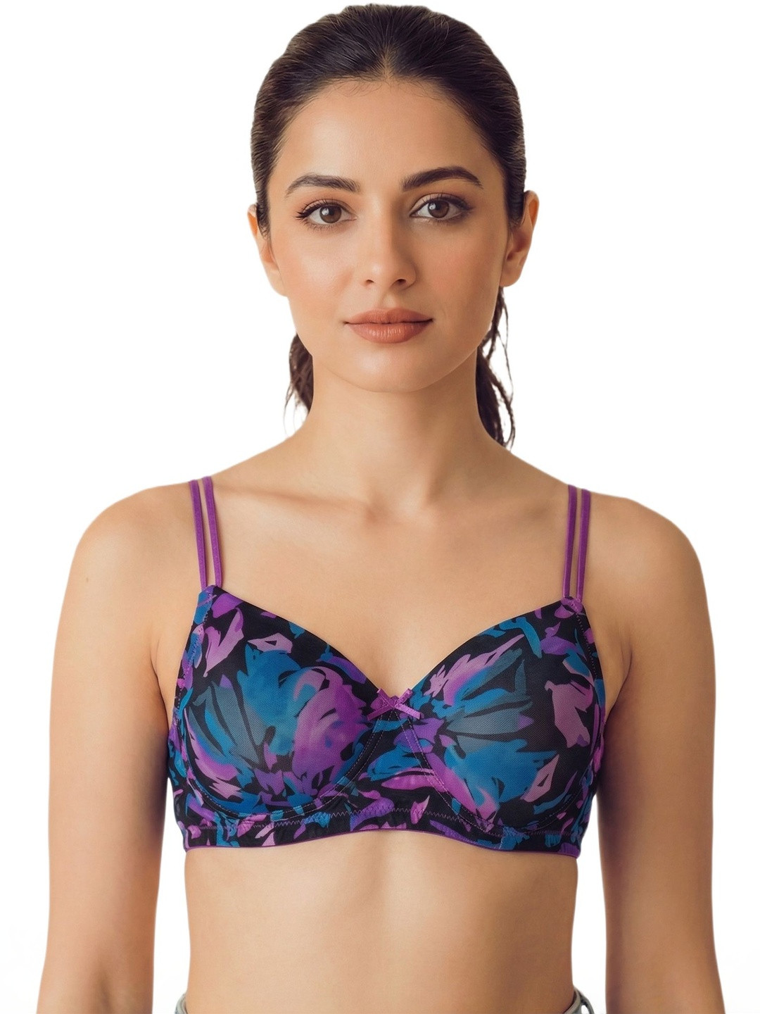 Tweens Polyamide Padded Printed Noodle Straps Full Coverage Bra