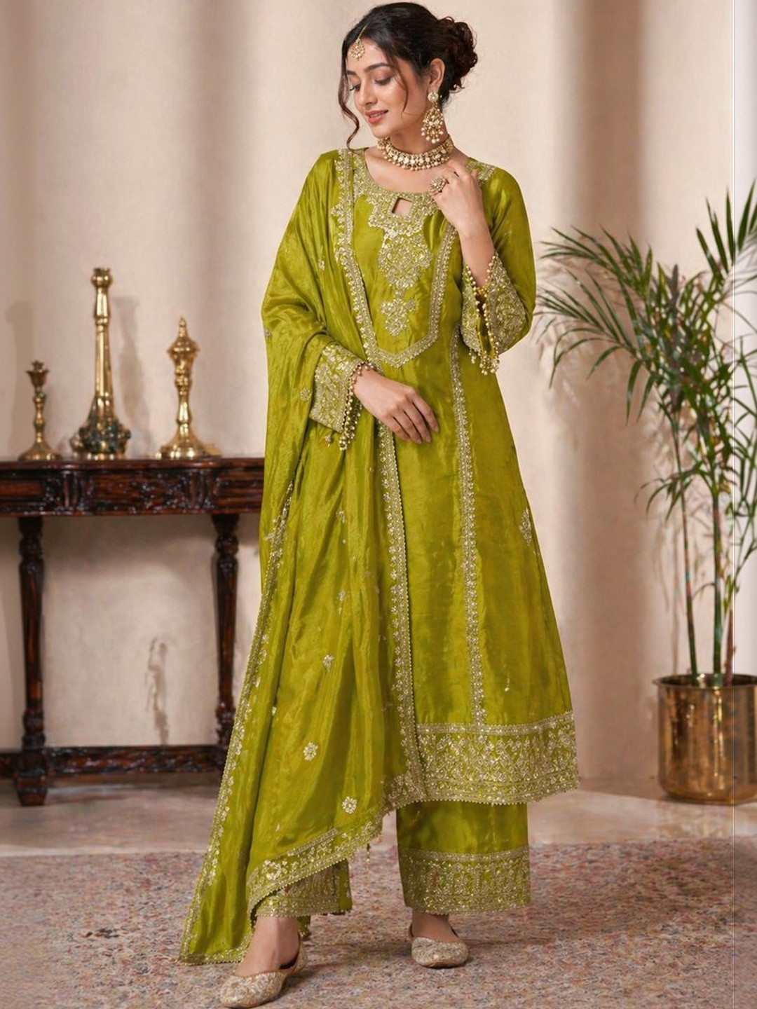 KALINI Women Ethnic Motifs Embroidered Regular Thread Work Chanderi Cotton Kurta with Palazzos & With Dupatta