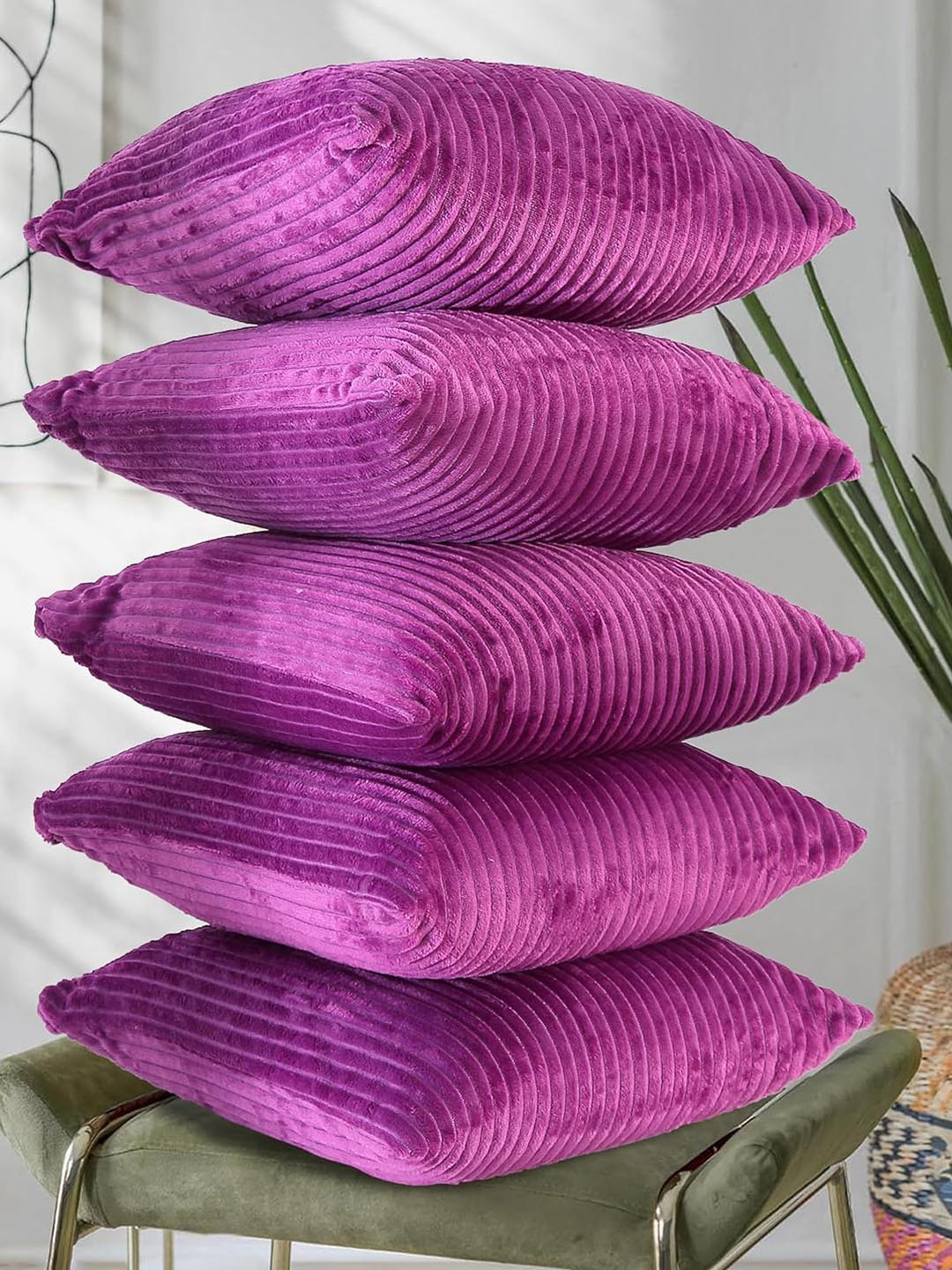 RD TREND Dark Pink Striped Soft Corduroy 5Pcs Textured Square Cushion Covers -24x24In