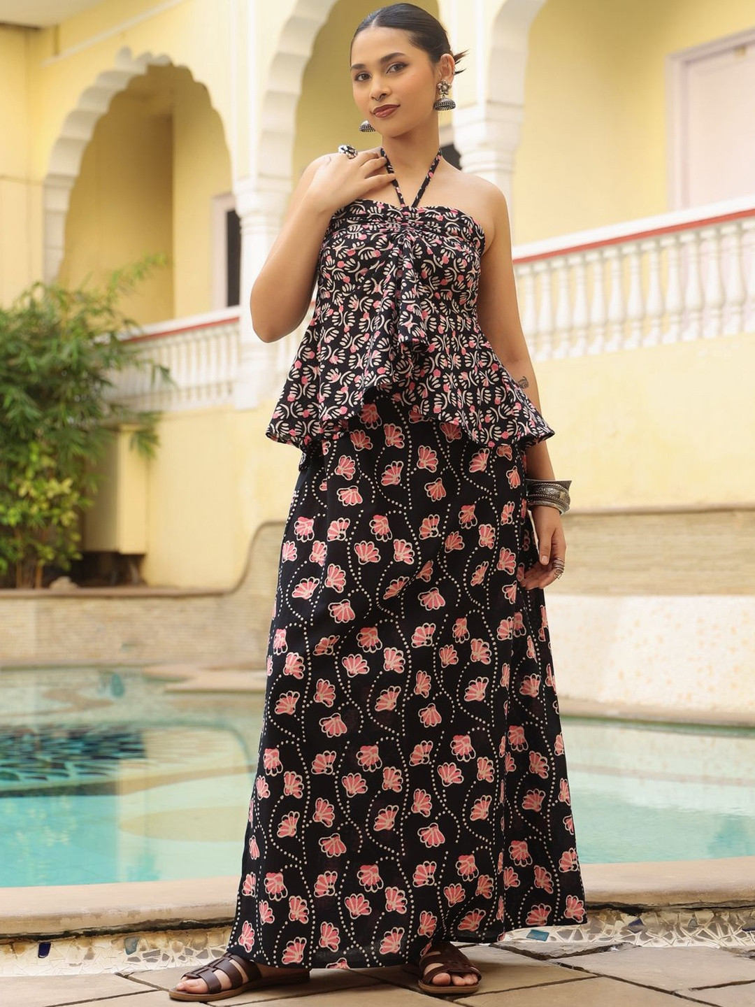 anayna Floral Cotton Printed Top with Skirt