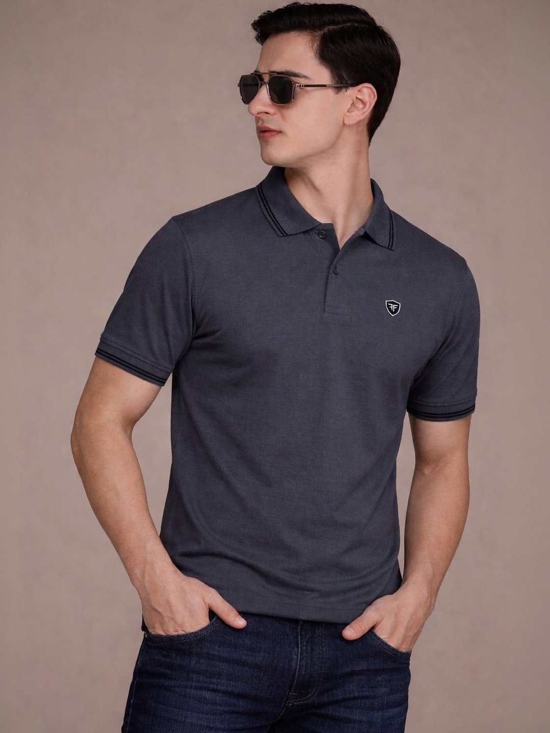FEVERFEW Men Brand Logo Polo Collar Pockets T-shirt