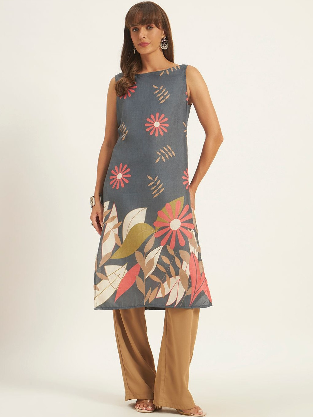 ROSEMELON Floral Printed Boat Neck Pure Cotton Kurti