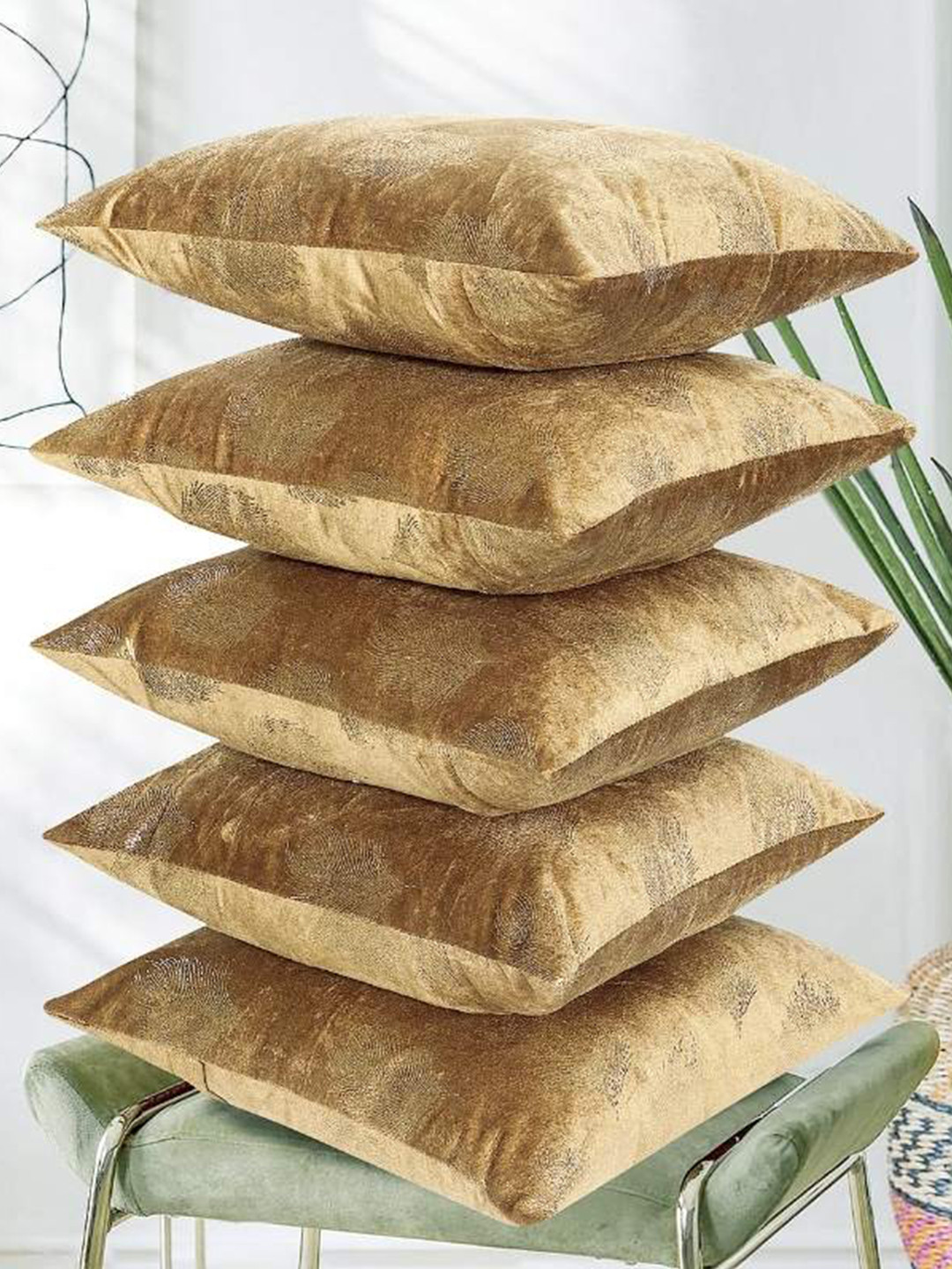 RD TREND Golden Set of 5 Velvet Square Cushion Covers-24x24 inch