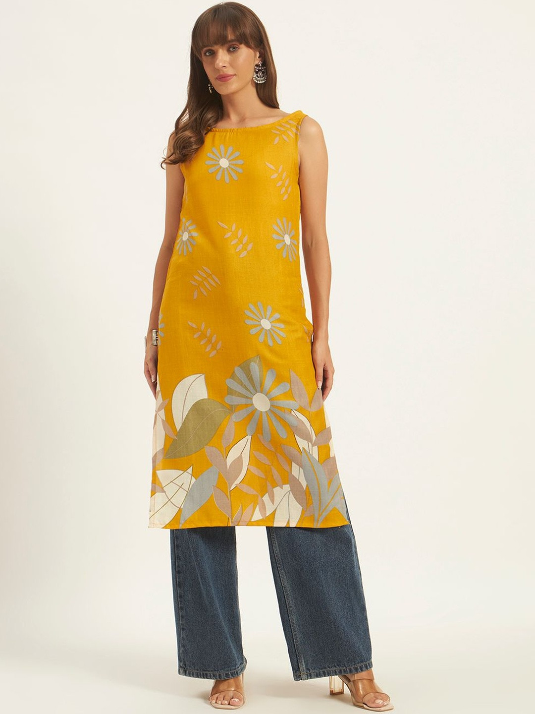 ROSEMELON Floral Printed Boat Neck Pure Cotton Kurti