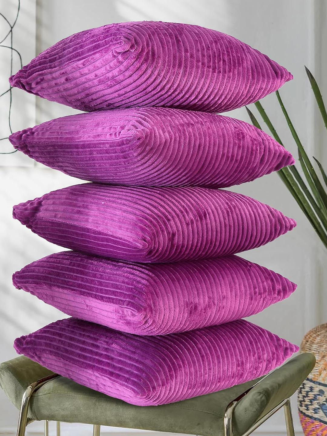 RD TREND Pink Set Of 5 Striped Velvet Square Cushion Covers