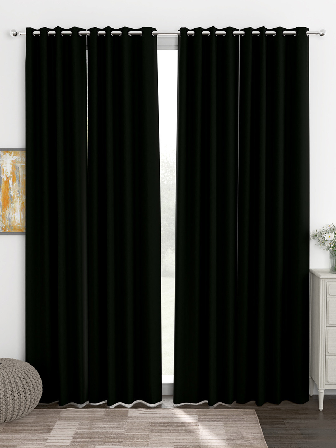 Story@Home Faux Silk Solid Solid 300GSM Black Room Darkening Blackout Long Door Curtain - Set Of 4
