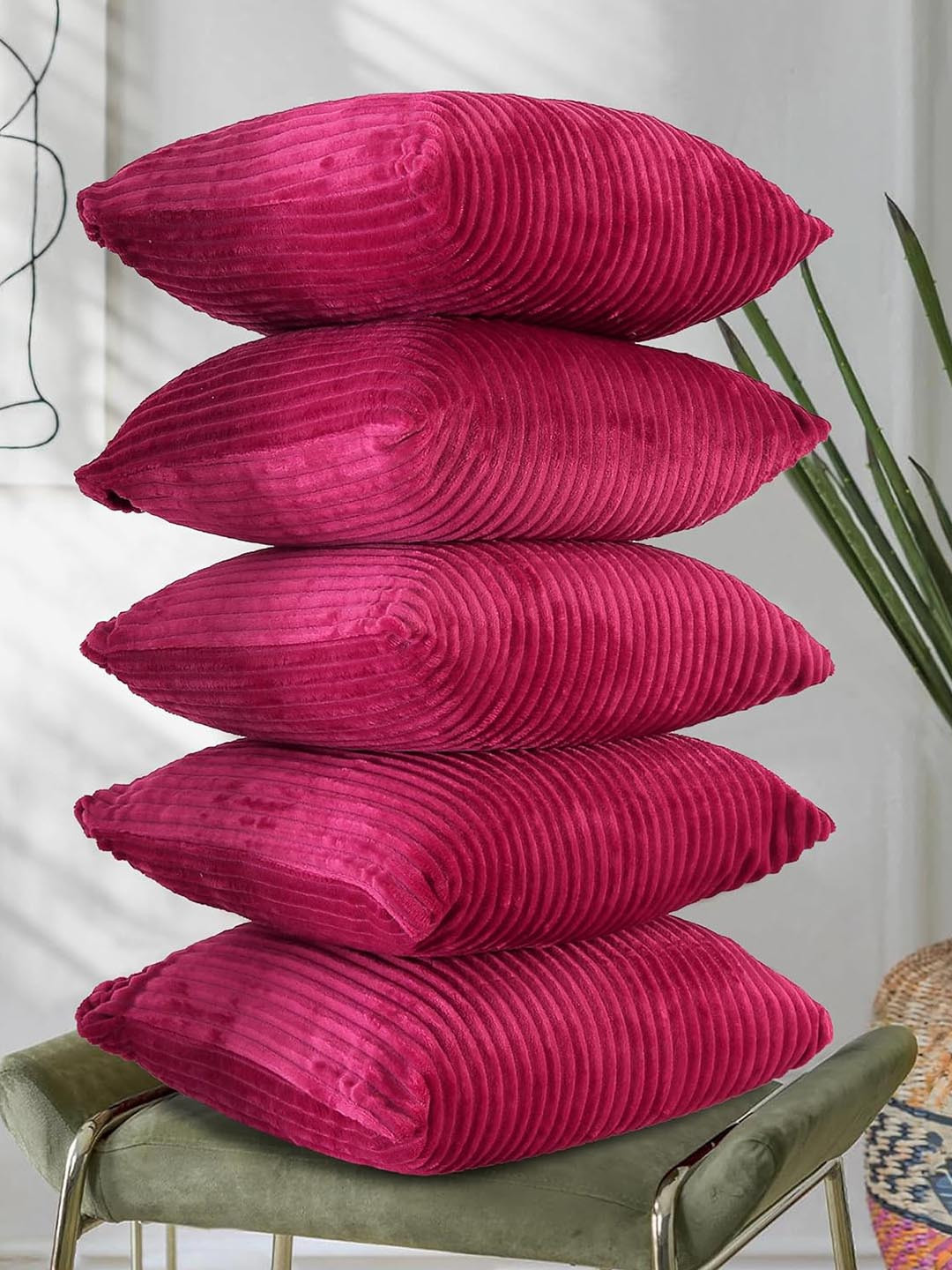 RD TREND Magenta Striped Soft Corduroy 5Pcs Textured Square Cushion Covers -18x18In