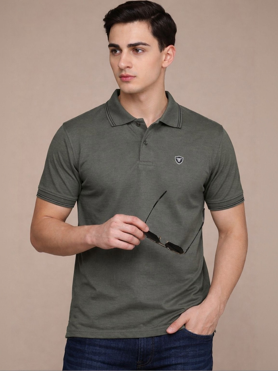 FEVERFEW Men Brand Logo Polo Collar Pockets T-shirt