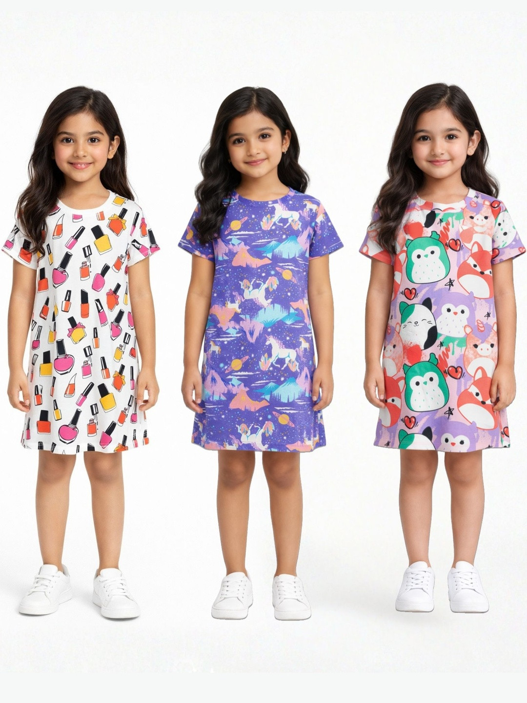 Anthrilo Girls Pack of 3 Printed Cotton Short Sleeves Nightdresses