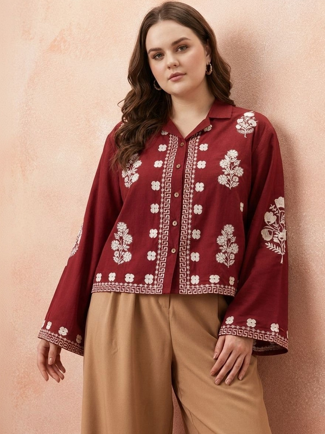 all about you Floral Self Design Spread Collar Cotton Comfort Oversized Casual Shirt