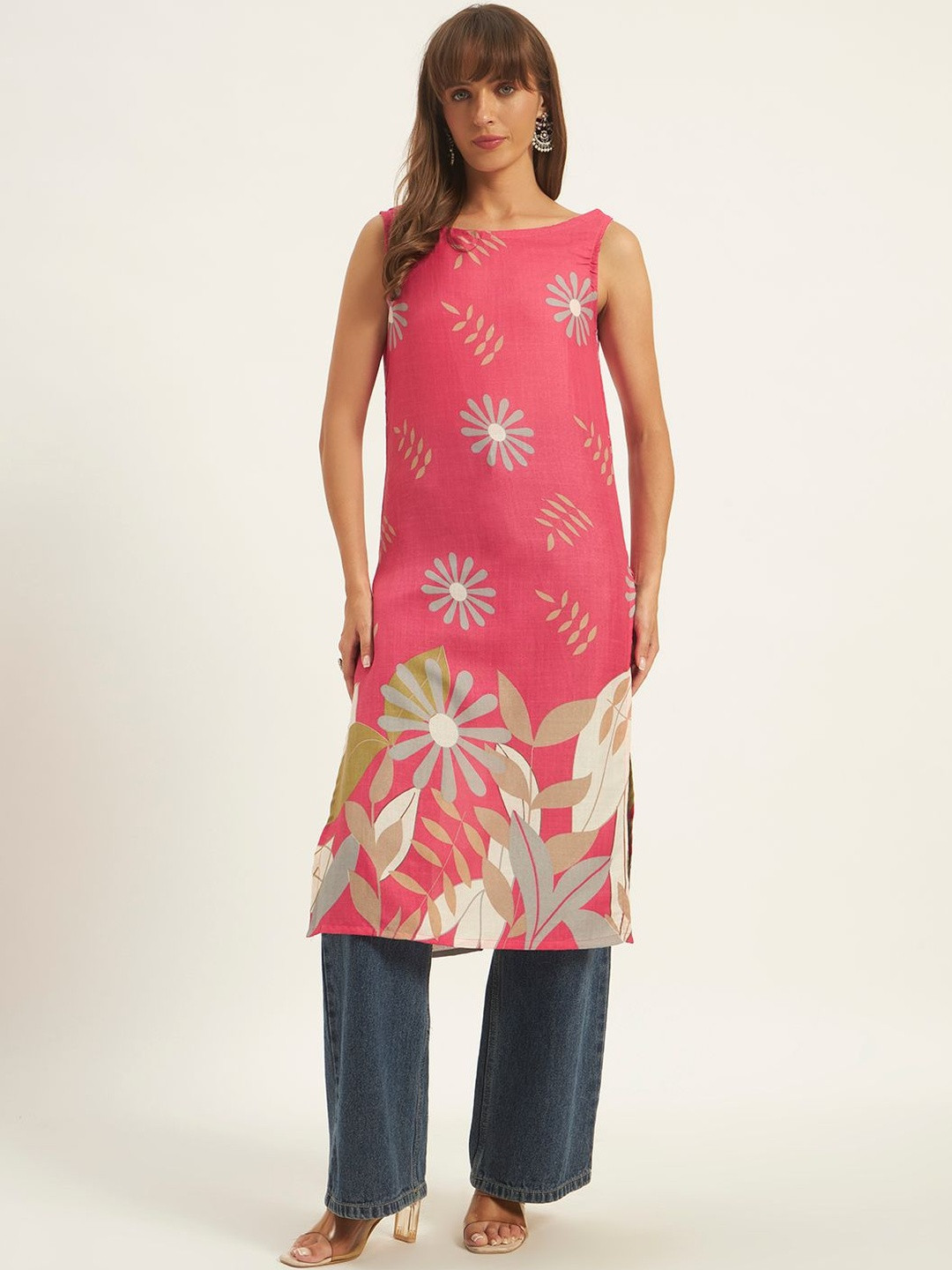 ROSEMELON Floral Printed Boat Neck Pure Cotton Kurti