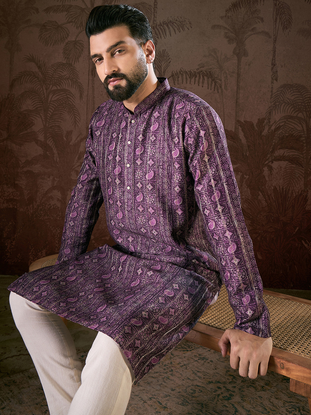 House of Pataudi Printed Mandarin Collar Kurta & Trousers Kurta Sets