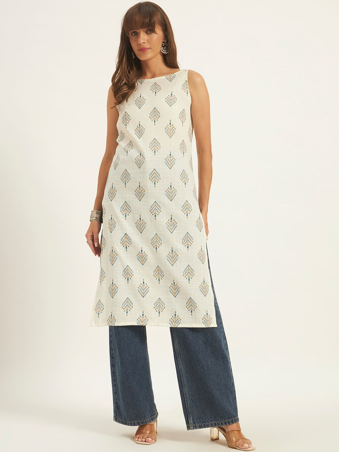 ROSEMELON Geometric Printed Boat Neck Kurti