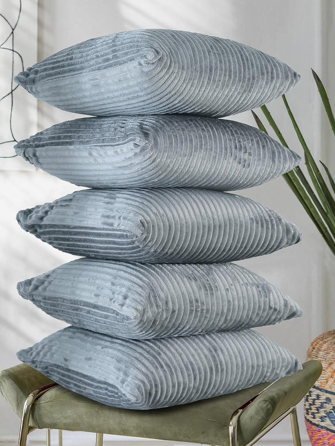RD TREND Grey Striped Soft Corduroy 5Pcs Textured Square Cushion Covers -18x18In