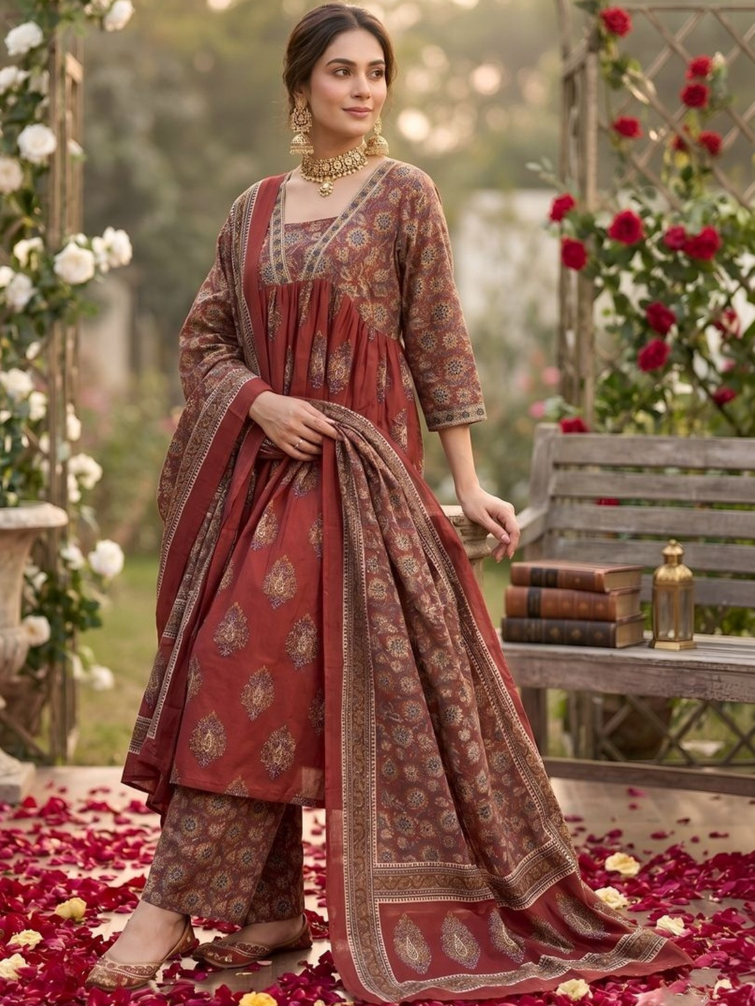 Nayo Women Ethnic Motifs Printed Empire Pure Cotton Kurta with Trousers & With Dupatta