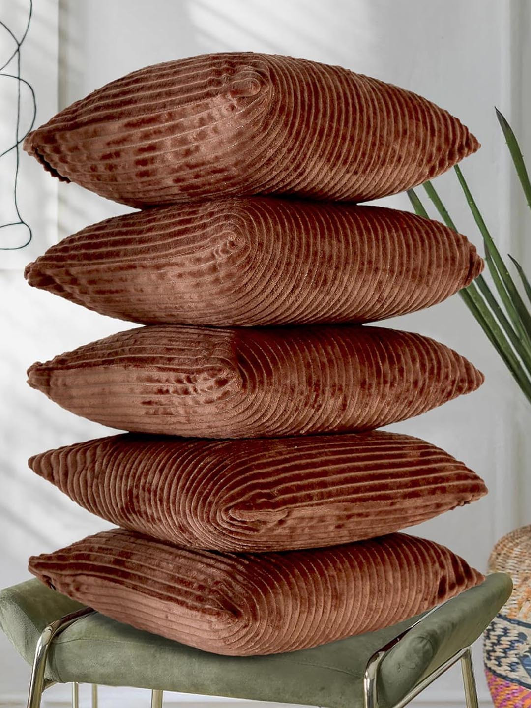 RD TREND Coffee Brown Set of 5 Striped Velvet Washable Square Cushion Covers