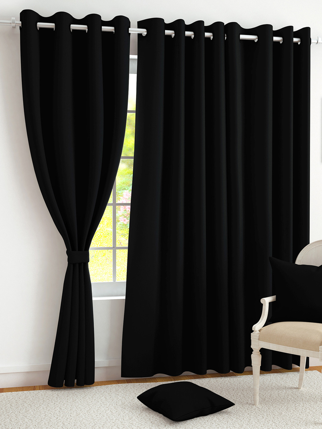 Story@Home Faux Silk Solid Solid 300GSM Black Room Darkening Blackout Long Door Curtain - Set Of 3
