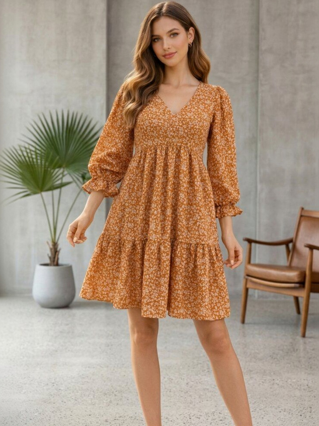 KATLINE Floral Print Puff Sleeve Ruffled Fit & Flare Dress