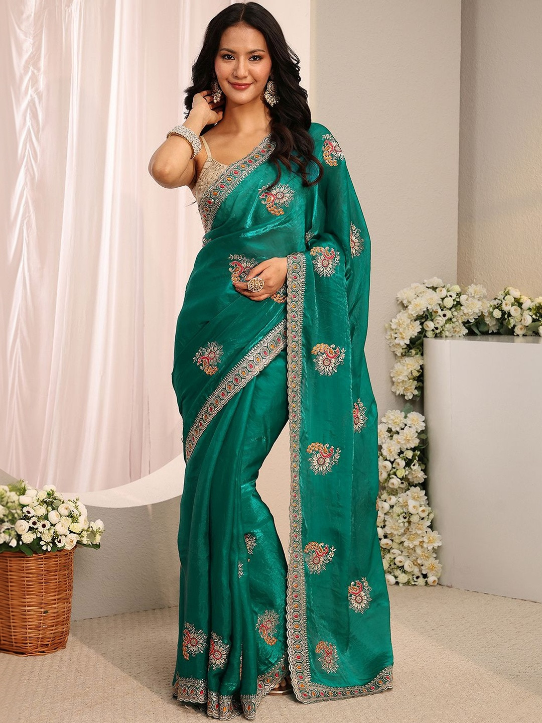 Libas Green Floral Embroidered Tissue Saree with Unstitched Blouse Piece