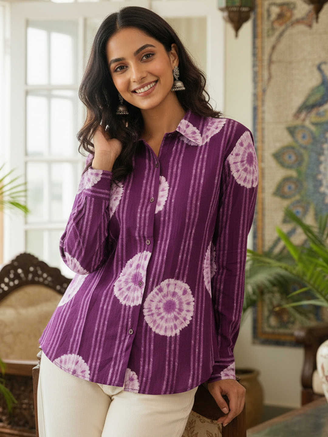 Anouk Floral Printed Shirt Collar Pure Cotton Blend Kurti