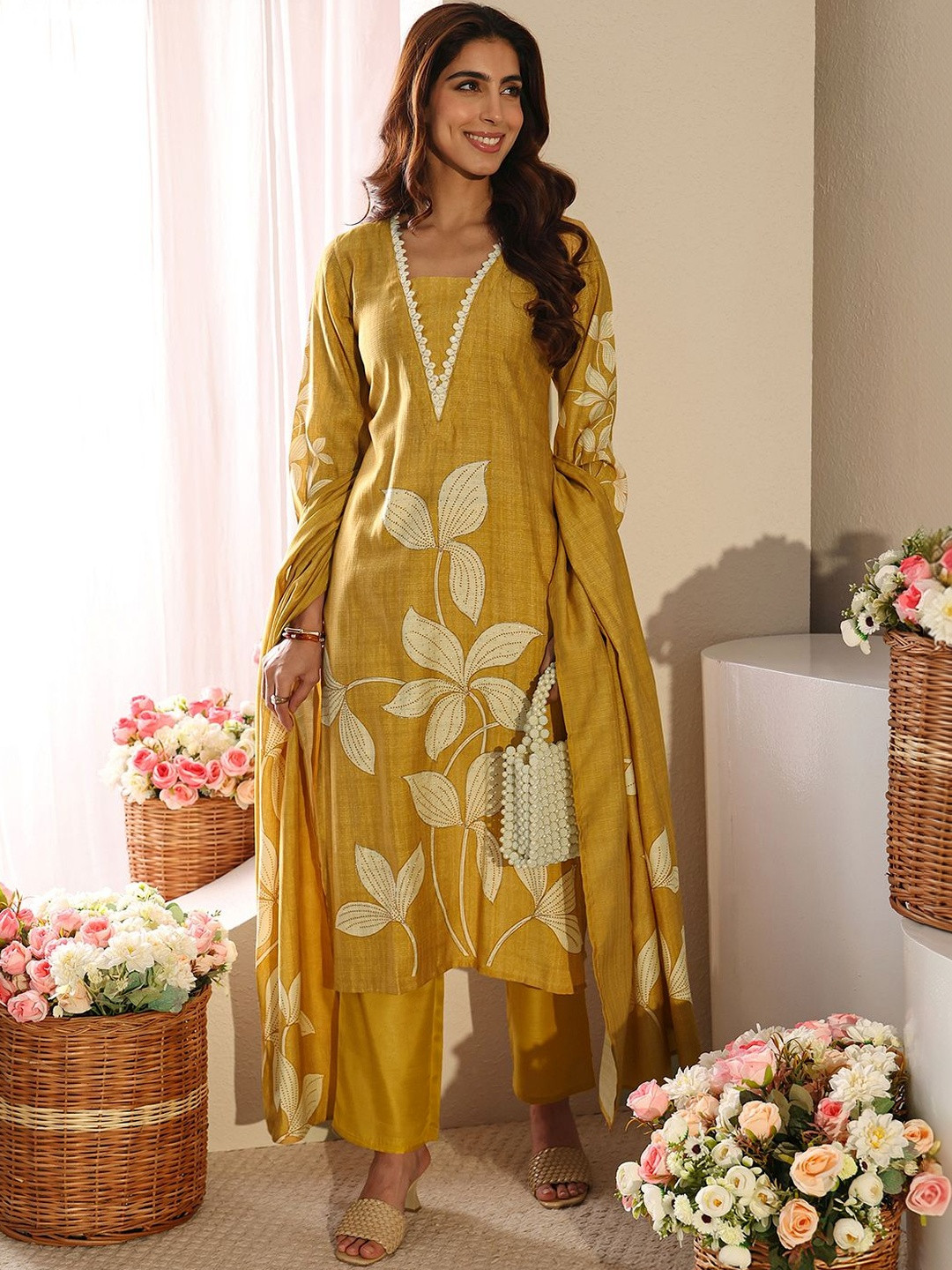 Libas Mustard Floral Printed Silk-Blend Straight Suit Set with Dupatta