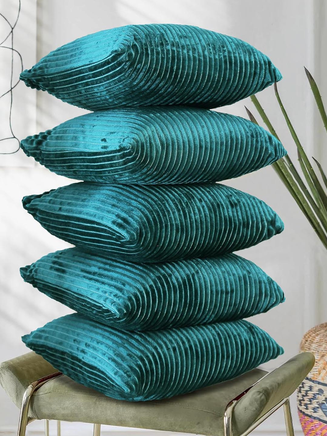 RD TREND Green Striped Soft Corduroy 5Pcs Textured Square Cushion Covers -18x18In