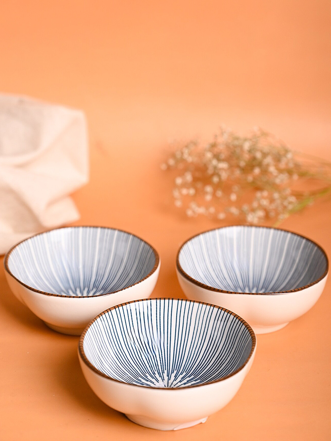 MARKET99 Blue & White 3 Pieces Printed Dishwasher Safe Ceramic Serving Bowls