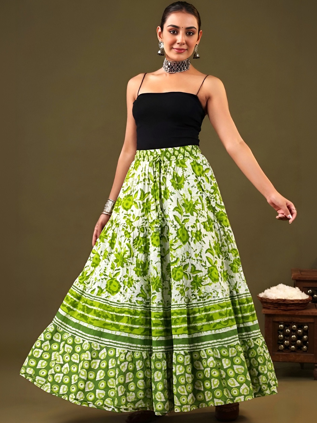 HARAYE Women Pure Cotton Cotton Cambric Floral Maxi Tiered Skirt