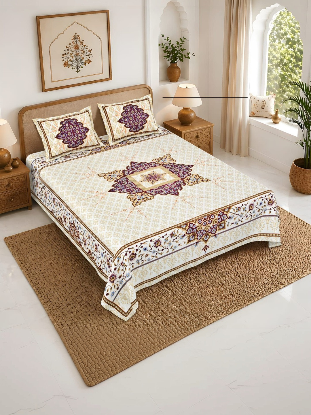 Maa Collection Cream-Coloured Ethnic Motifs 180 TC King Bedsheet with 2 Pillow Covers