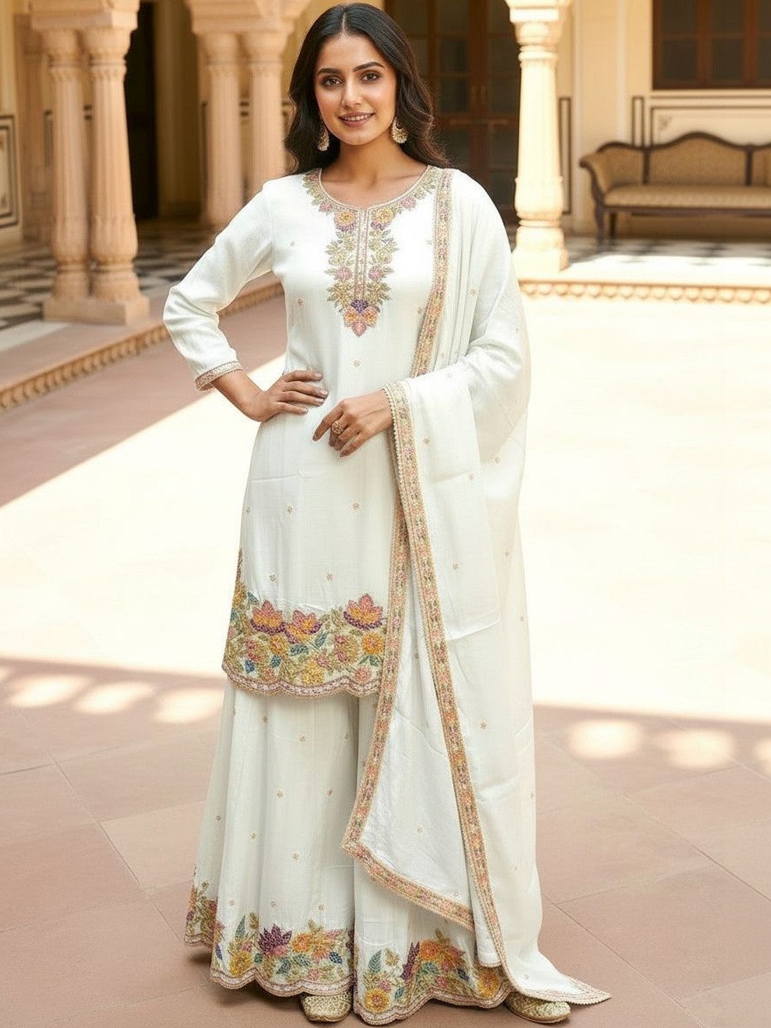House of Pataudi Embroidered Pure Silk Round Neck Kurta & Palazzos With Dupatta